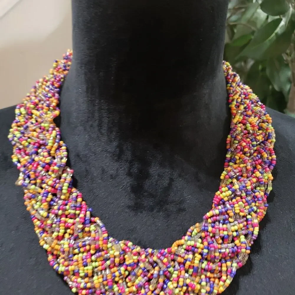 Womens Wide Braided Seed Bead Multi Strand Statement Necklace with Lobster Clasp - Picture 2 of 6